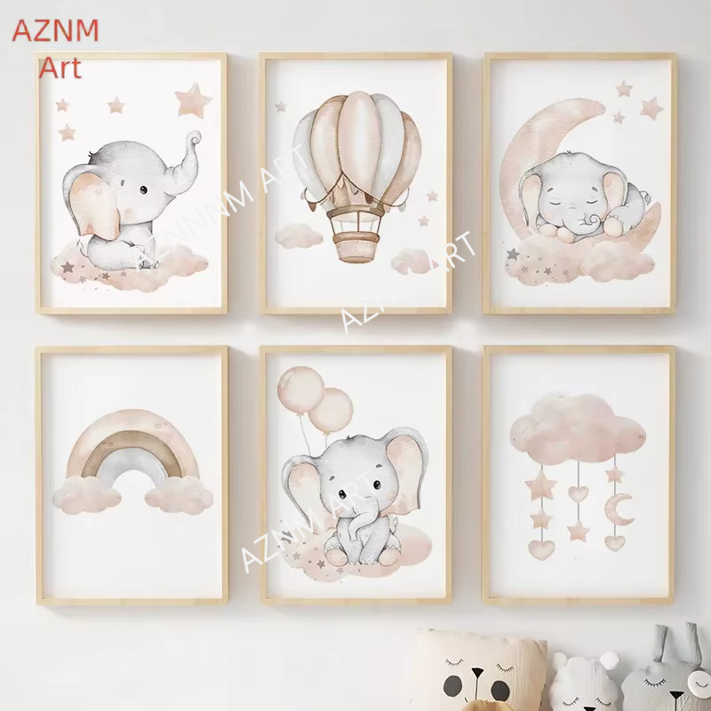 Baby Nursery Room - Постеры с изображением слона, воздушного шара,
