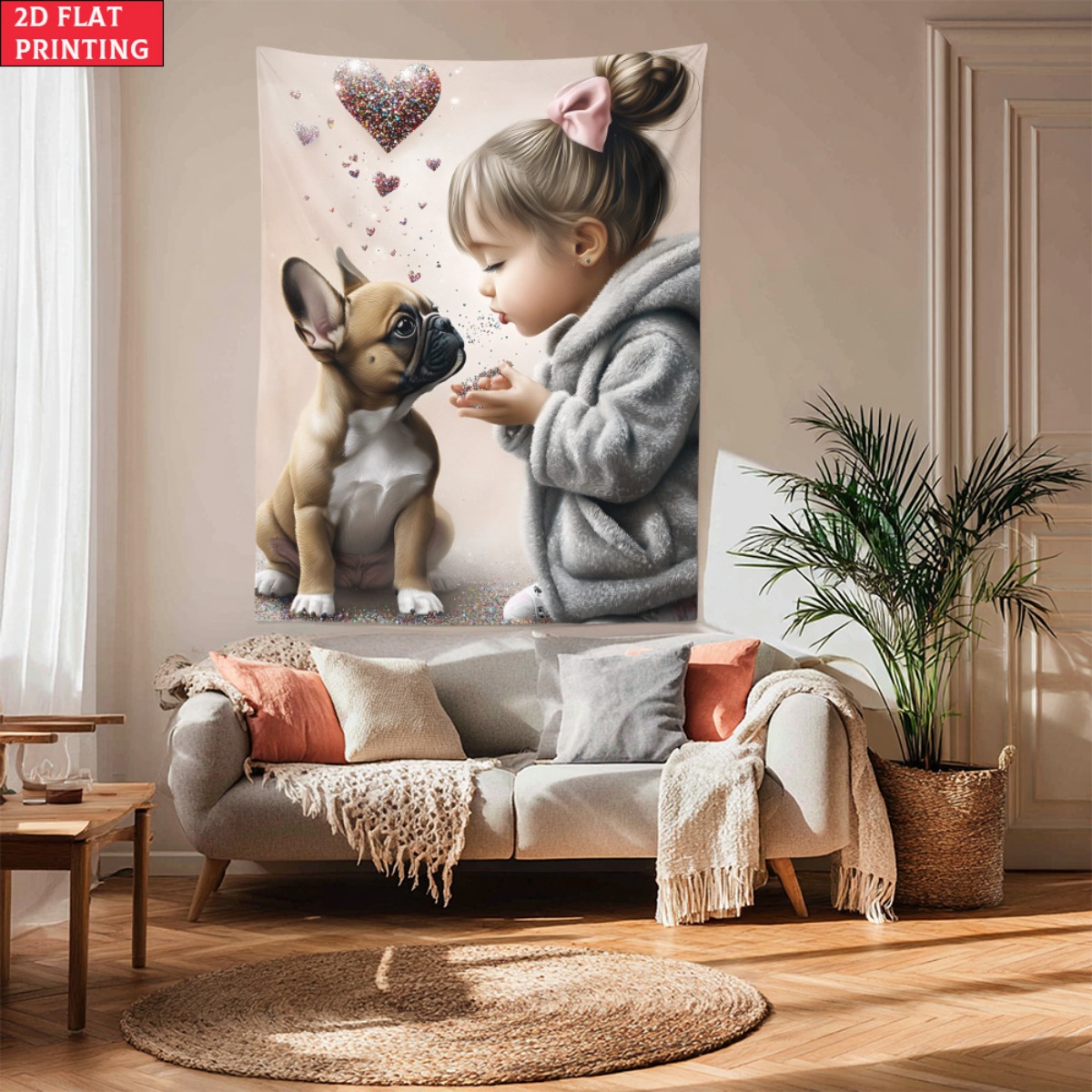Baby Nursery Modern - Девушка с французским бульдогом, щенок, сердце,