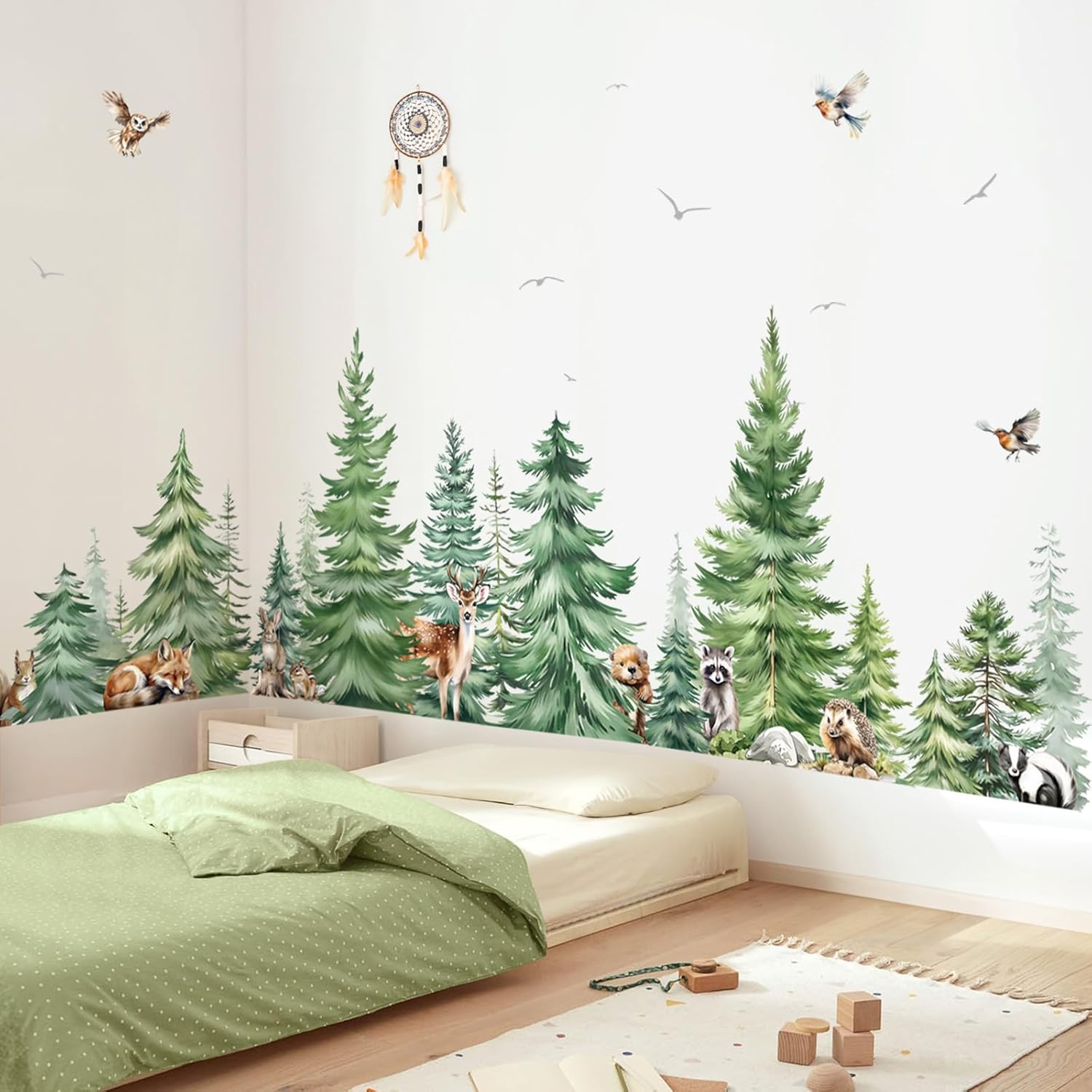 Baby Nursery Tree - Большие акварельные сосны, животные, наклейки на