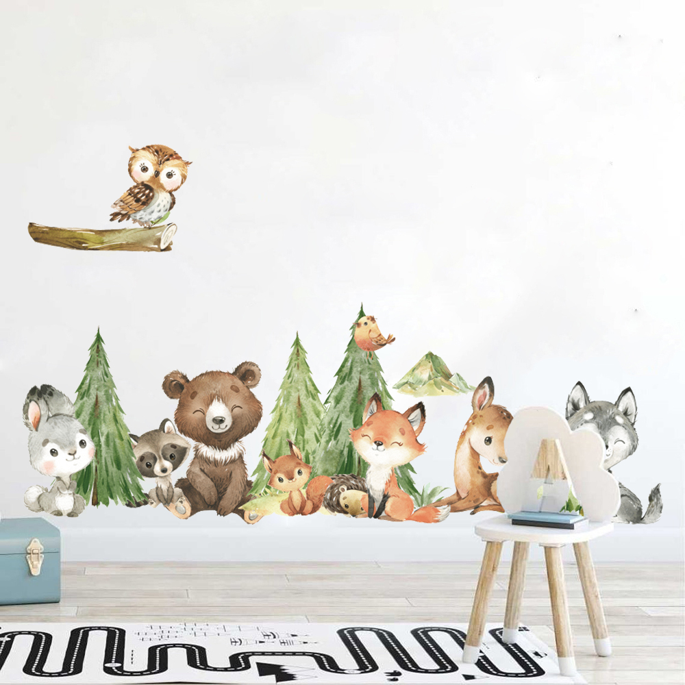 Baby Nursery Tree - Мультяшная акварель, лес, животное, стикер на