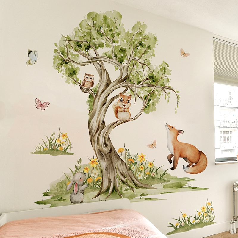 Baby Nursery Tree - Акварельный лес, большое дерево, животные, стикер
