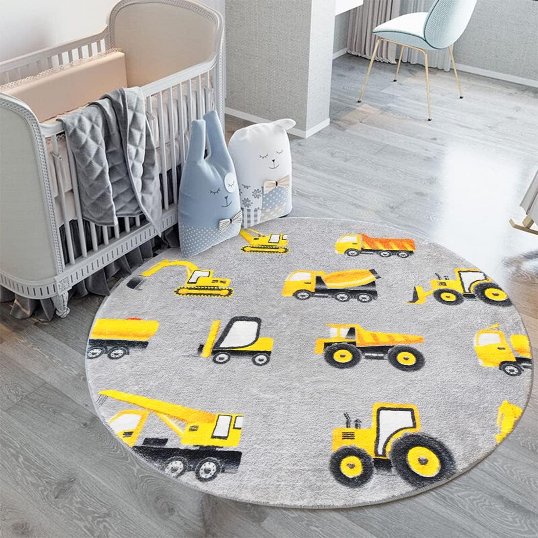 Baby Nursery Yellow - Серый круглый коврик с желтыми экскаваторами