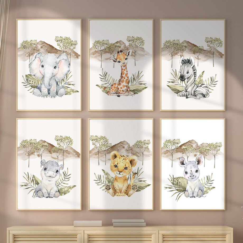 Baby Nursery Tree - Постеры с жирафом, зеброй, слоном, львом,