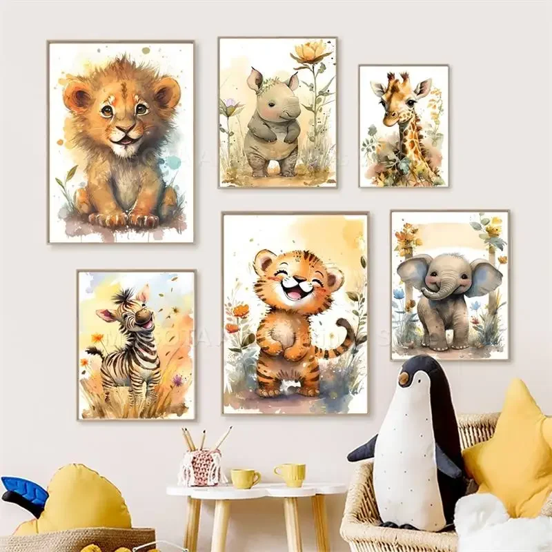 Акварель Лев Жираф Тигр Слон З – обзор и цена Baby Nursery Animal Prints